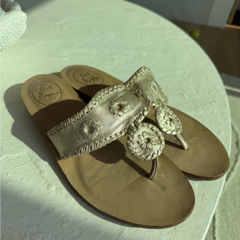 Jack Rogers Gold Sandals with Medallion Design